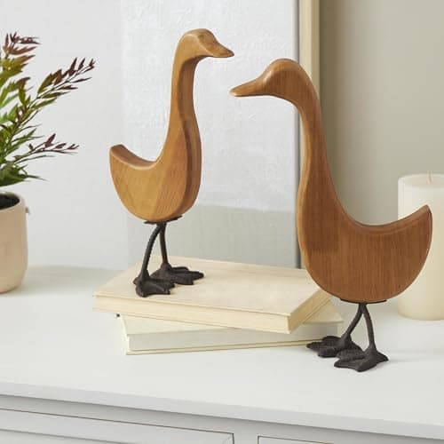 Deco 79 Wood Duck Decorative Garden Sculpture Abstract Minimalistic Garden Statues with Black Metal Feet, Set of 2 Outdoor Sculptures 13", 12"H, Brown