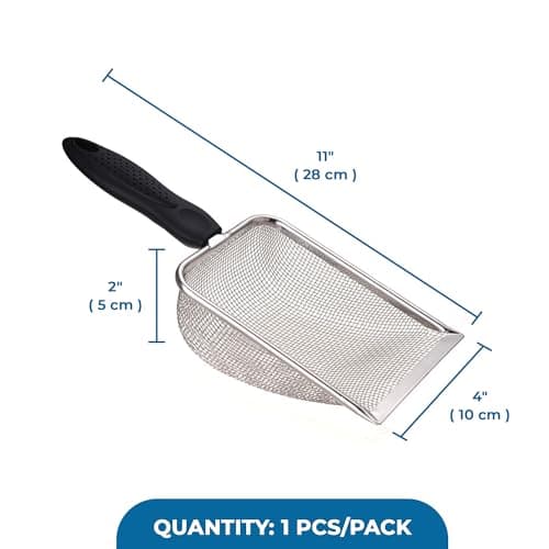 SunGrow Cat, Reptile Sand Scoop, Stainless Steel Fine Mesh Net for Lizard, Gecko, Snake Habitat, Substrate and Gravel Sifter, Black Non-Slip Handle Sifter, 11” x 4” x 2”, 1 Pc