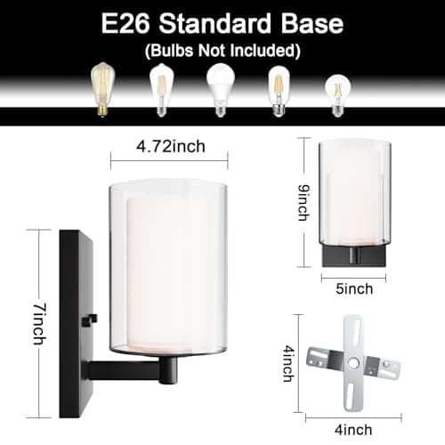 Wall Sconces Set of 2 Modern Vanity Lights with Double Clear Glass Shade Matte Black Indoor Farmhouse Wall Lights for Bathroom Living Room Bedroom Hallway Bulb E26 Base (Bulbs Not Included)