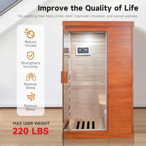 Sauna, Far Infrared Saunas for Home 1 Person Wood Sauna Okoume 800W/110V Low Emf Dry Sauna Indoor Sauna Room with Tempered Glass Door/Speakers/Air Hole and LED Lighting - 35.2*27.6*61.6 IN