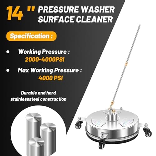 14" Pressure Washer Surface Cleaner with 4 Wheels - Stainless Steel Surface Cleaner for Pressure Washer Attachment for Concrete, Patio, Sidewalk, Deck and Driveways - PWS14