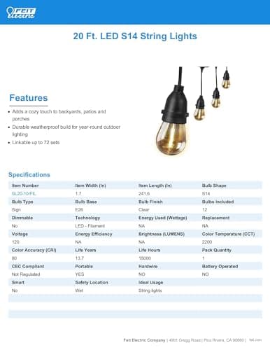 Feit Electric LED String Lights, 20ft Commercial Grade and Shatter Resistant String Lights with 10 Outdoor Sockets, Linkable, 15,000-Hour Lifetime, Wet Rated, SL20-10/FIL, 12 Bulbs Included