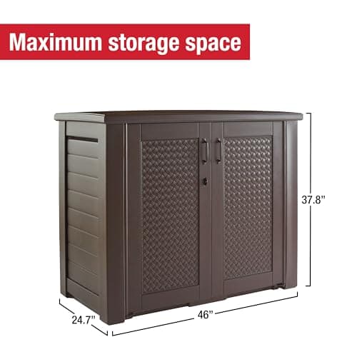 Rubbermaid Decorative Outdoor Storage Cabinet (123 Gal), Weather Resistant, Brown, Organization for Home/Backyard/Pool Chemicals/Toys/Garden Tools/Porch/Patio Cushions