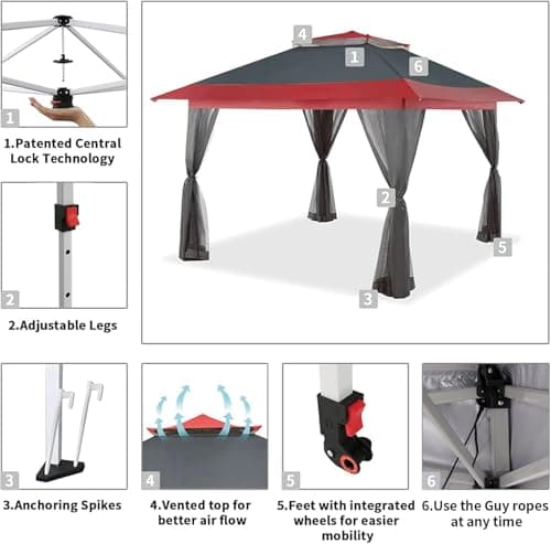 CROWN SHADES 13x13 Pop Up Gazebo, Canopy Tent, Gazebos on Clearance - Outdoor Gazebo for Backyard & Patio Furniture - Carpa Pop Up Tent with Wheeled STO-N-Go Cover Bag (Red & Grey)