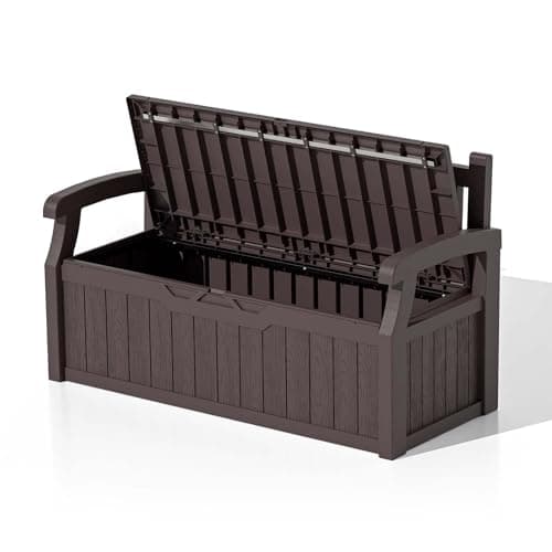 Patiowell 70 Gallon Plastic Storage Bench, Water-Resistant Deck Box for Patio Furniture, Garden Tools, Pool Storage and Outdoor Cushions, Brown