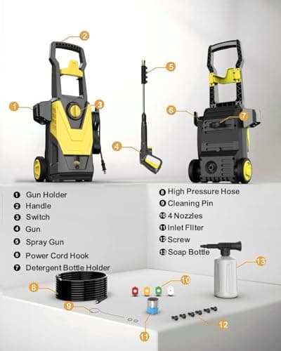 AgiiMan Electric Pressure Washer, 4800PSI Max 3.2GPM Power Washer Electric Powered with 20FT Hose, 4 Nozzles, Foam Cannon, High Pressure Cleaner Machine for Cars, Patios, Driveways, Fences, Yellow