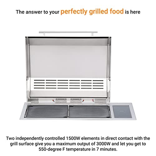 Kenyon Texan Built-In Electric Grill with Faceted Single Piece Lid and Standard Lite Touch Control, Stainless Steel Body, UL-Approved for Use Indoors and Outdoors, No-Flame Grill, 240 Volts