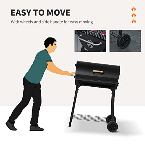 Outsunny 30" Portable Barrel Charcoal BBQ Grill, Steel Outdoor Barbecue Smoker with 370 Square Inches Cooking Space, Storage Shelf, Wheels for Garden Camping Picnic, Black