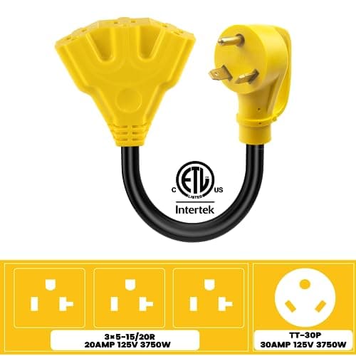 30 Amp to 110V 20 Amp RV Distribution Adapter,NEMA TT-30P Male to 3X5-15/20R Female RV Generator Adapter Cord,30 to 20Amp 125V 3-Prong to Multiple Household Outlet Adapter Cord 1.6FT