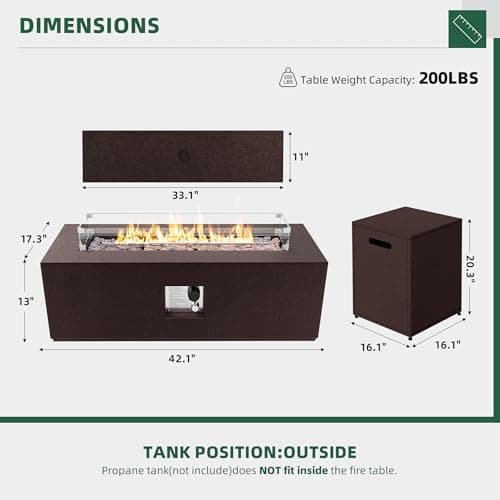 UPHA 42-inch Outdoor Propane Gas Fire Pit Table 50000 BTU Iron Rectangle FirePit for Outside Patio with Tank Hidden Table, Wind Guard, Removable Lid, Lava Rocks, Rain Cover, Brown