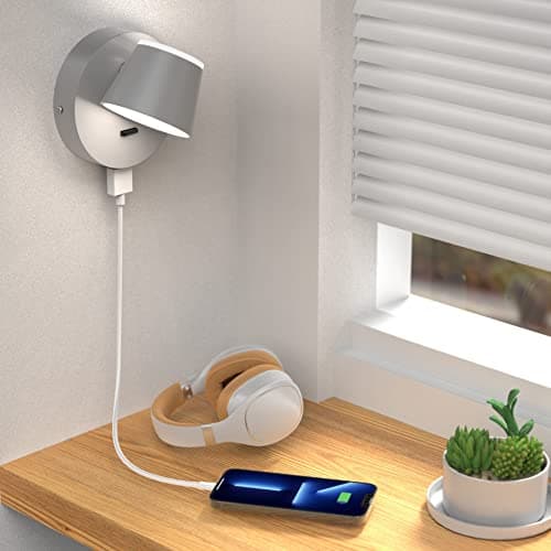 URSOLA Wall Light LED Wall Sconce with On/Off Switch USB Charging Port 110 Volt Hardwired Wall Lamp 350 Rotatable Up Down Sconces Wall Lighting (Grey)