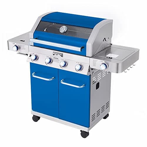 Monument Grills Larger 4-Burner Propane Gas Grills Stainless Steel Cabinet Style with Clearview® Lid, Knob Controls, Built-In Thermometer, Infrared Side Sear Burners & Side Burners, Blue