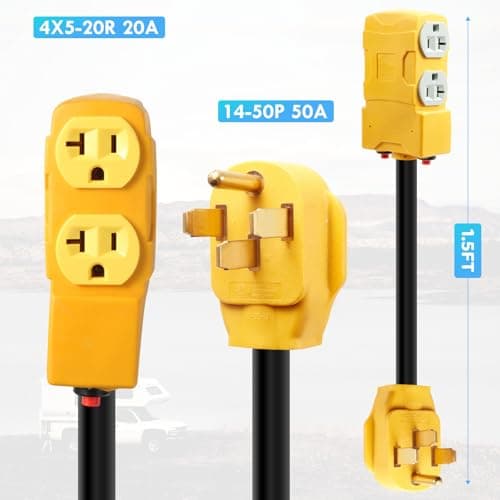 50 Amp to 20 Amp 110V RV Distribution Adapter,NEMA 14-50P to 4 X 5-20R/15R RV 4-Prong to Mutiple Household Outlet w/ 20Amp Circuit Breaker RV Generator Distribution Cord 1.5FT