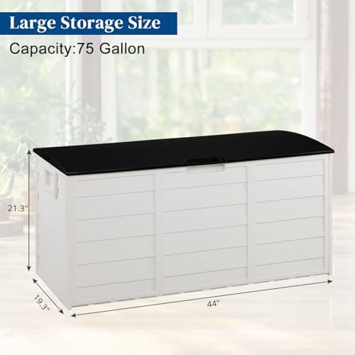 VINGLI Upgraded 75 Gallon Outdoor Storage Box, Lockable Plastic Storage Containers with Lid, Patio Deck Box Furniture for Garden, Pool, Balcony, Yard (White)