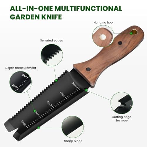 Hori Hori Garden Knife, Garden Tools with Sheath, 6" Stainless Steel Blade with Cutting Edge, Full-Tang Walnut Ergonomic Wood Handle with Hanging Hole, Weeding, Planting, Digging…