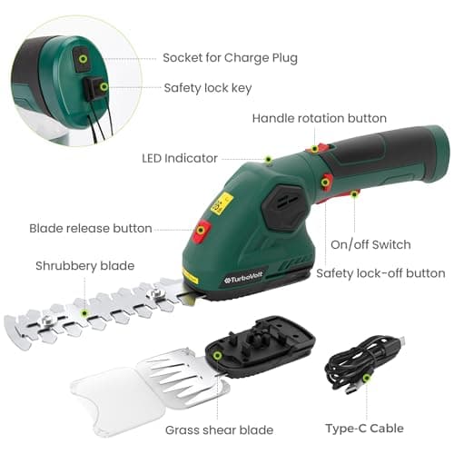 Hedge Trimmer, Cordless Grass Shear & Electric Shrub Trimmer - 2 in 1 Handheld Grass Cutter, Hedge Shear for Garden, Lawn, Rechargeable Lithium-Ion Battery and Type-C Cable Included