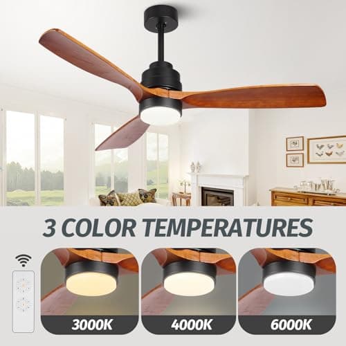 Wood Ceiling Fan with Light,Energy Saving,Ultra-Quiet DC Motor,3 Blades,6 Speed,Outdoor/Indoor Ceiling Fan for Patio,Deck,Porch,Bedroom,Living Room,Brown Walnut