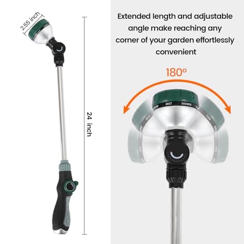 Watering Wand for Garden Hose, 24 Inch, 8 Spray Patterns, Garden Hose Nozzle with Thumb Flow Control, Adjustable Water Sprayer with Pivoting Head, Ideal for Hanging Baskets and Shrubs