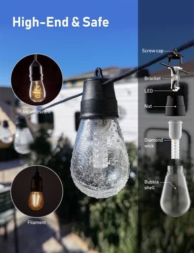 Outdoor String Lights with Dimmer - 50Ft Led Patio Lights App Control Commercial Grade Weatherproof Outside Light with Timer 3 Modes 25 S14 Edison Vintage Shatterproof Bulbs for Patio Garden Backyard
