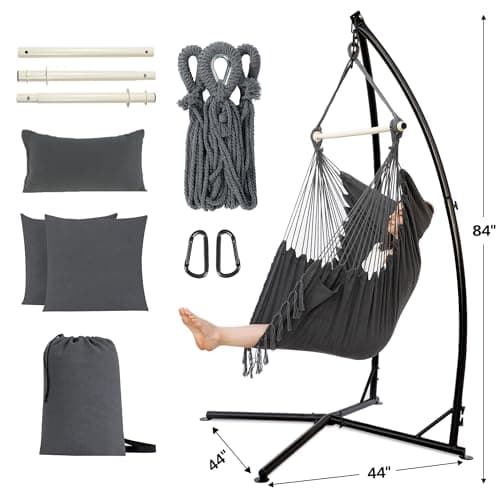 PNAEUT Hammock Chair with Stand Indoor Outdoor, Hanging Egg Swing Chair with Patented Adjustable Pillow, 2 Cushions, Bag, for Bedroom Balcony Patio, Stand 350lbs / Chair 500lbs Capacity (Dark Gray)