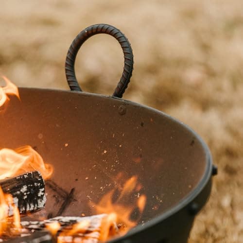 Ash & Ember 32in Hemisphere Fire Pit with Screen and Poker, Cast Iron High-Temperature Black Paint Fire Bowl, Wood Burning Backyard Fireplace, Portable Outdoor Firepit