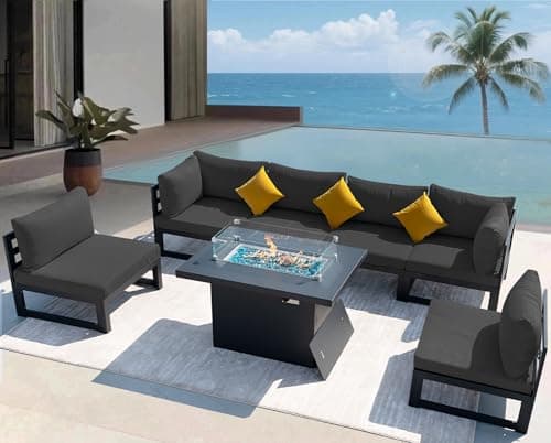 NICESOUL Modern Aluminum Outdoor Furniture Set with Propane/Gas Fire Pit, 29" Deep Seat Wide All Weather Outdoor Conversation Set, 7 Piece L-Shaped Modular Sectional Sofa for Poolside, Dark Gray