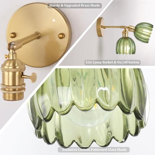 Vintage Wall Sconces with Green Tulip Glass Lampshade 180 Degree Adjustable Brass Sconces Hradwired Modern Wall Lighting Fixture with Switch for Bedside Bedroom Doorway