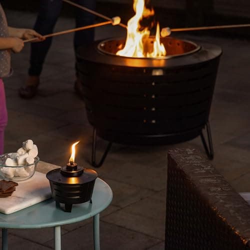 TIKI Mini Fire Pit Tabletop Torch 2-Pack, Outdoor Decorative TIKI Torch for Patio, Backyard, and Garden, Black Metal Tabletop Flame Torch, Includes Long Lasting Wick and Snuffer