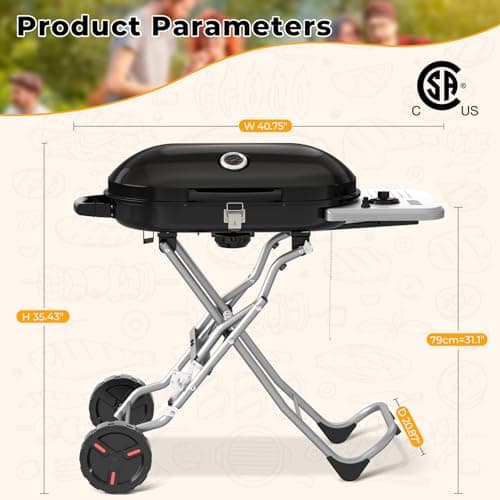 Portable Propane Gas Grill,15,000 BTU BBQ Grill with Top Cover Lid, 406 sq.in. Grilling Areas, 2 Wheels, Built-in Thermometer, Barbecue Gas Grill for Patio,Party,Black