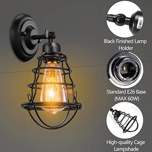 Asnxcju Industrial Wall Sconces Set of Two, Farmhouse Wall Sconce, Vintage Wire Cage Wall Lighting Sconce, Black Wall Lamp Fixture for Bedroom, Headboard, Porch