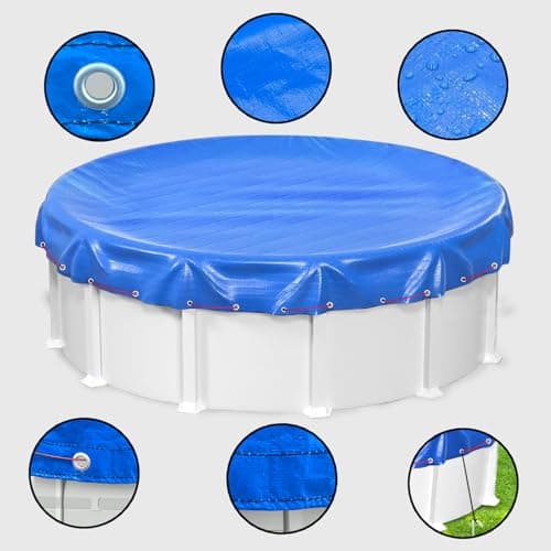 LXKCKJ 24 Ft Round Pool Cover, Winter Pool Covers for Large Above Ground Pools, Extra Thick PE Pool Cover Add Ground Nail Set and Specially Molded Winch Ideal for Waterproof and Dustproof (Blue)