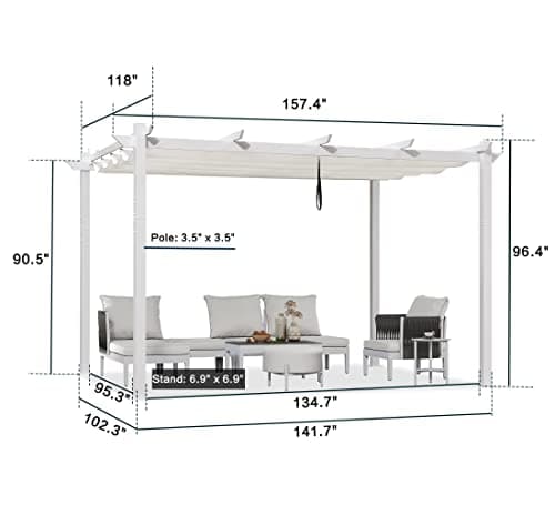 PURPLE LEAF 10' x 13' Outdoor Aluminum Pergola White Heavy-Duty Retractable Pergola Patio Metal with Double Sun Shade Canopy for Gardens Deck Backyard, White