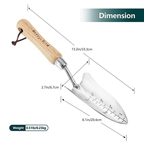 Transplant Trowel with Measurements, Garden Stainless Steel Potting Hand Trowel with Wooden Handle, Small Garden Hand Shovel Transplanter Tool for Planting Digging Transplanting Gardening