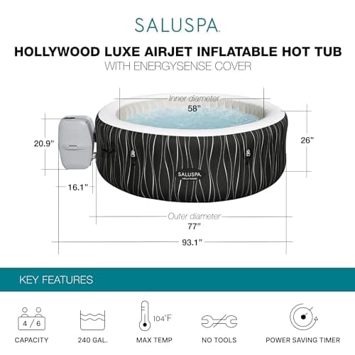 Bestway SaluSpa Hollywood EnergySense Luxe AirJet Round Inflatable 4 to 6 Adult Hot Tub with Heater, Filter, 2 Covers, and 140 AirJet System