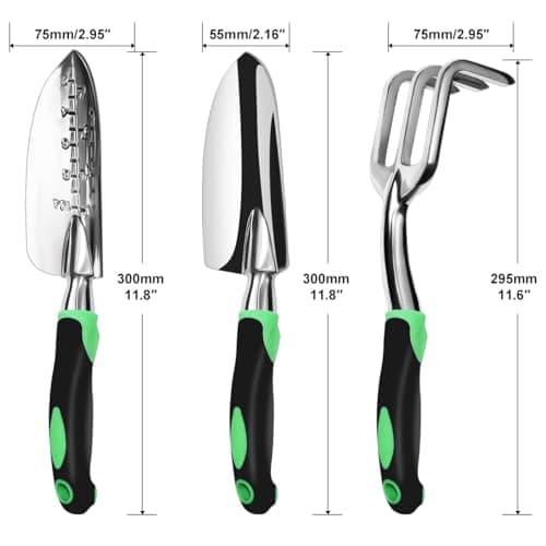 Garden Tool Set, 3 Pack Aluminum Heavy Duty Gardening Kit Includes Hand Trowel, Transplant Trowel and Cultivator Hand Rake with Soft Rubberized Non-Slip Ergonomic Handle, Garden Gifts