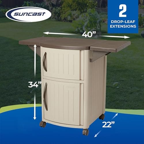 Suncast Outdoor Patio Grill Prep Station Cart with 2 Storage Cabinets, Light Taupe/Mocha