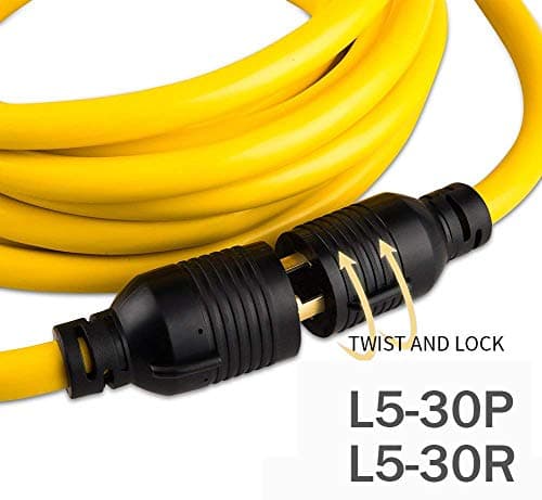 25FT Heavy Duty 3 Prong Generator Locking Power Cord NEMA L5-30P/L5-30R,10 Gauge SJTW Cable, 125V 30Amp Yellow Generator Lock Extension Cord with UL Listed