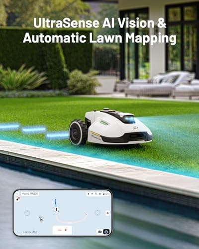 YUKA 2000 Robot Lawn Mower with Garage Standard, Reception 0.5 Acre,Max. 0.6 Acre, Ultrasense AI Vision & RTK, Auto Mapping & App Control,45% Slope,Dual Cutting Discs, 20 Mowing Zones