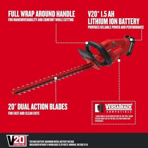 CRAFTSMAN V20 Cordless Hedge Trimmer, 20 inch, Battery and Charger Included (CMCHT810C1)