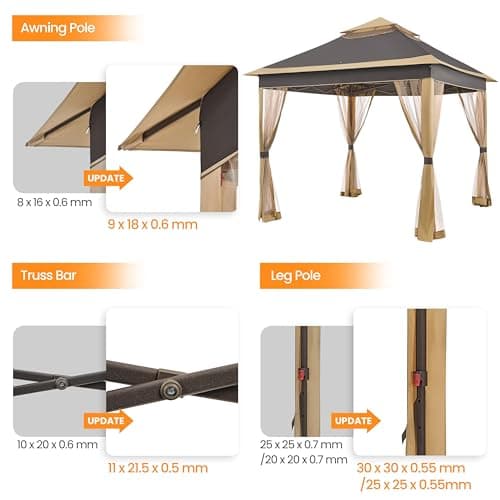 Yaheetech 11x11 Pop Up Gazebo Outdoor Canopy Shelter, Instant Patio Gazebo Sun Shade Canopy Tent with 4 Sandbags, 2 Tiers Roof & Mesh Netting for Lawn, Garden, Backyard & Deck, Brown