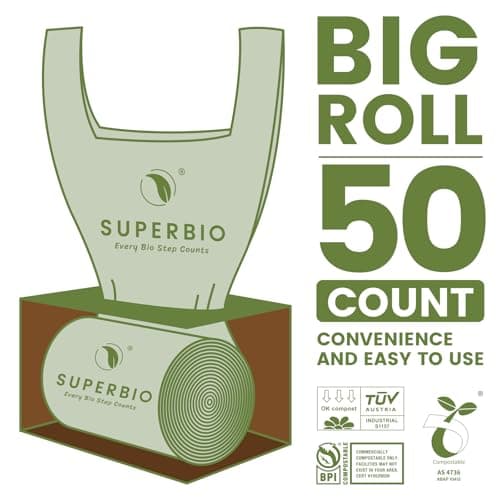 SUPERBIO 1.6 Gallon Handle Tie Compostable Food Scrap Bags For Counter Top Compost Bin, Small Compost Bags, 50 Count, 6 Liter, BPI & OK compost INDUSTRIAL Certified