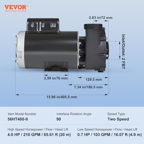 VEVOR 2 Speed SPA Pump, 56-Frame, AC 220-240V Hot Tub SPA Pump, 4HP/210GPM/65.61ft High Speed or 0.7HP/103GPM/16.07ft Low Speed, 2" Port 90° Rotational Interface for Hot Tub, Tested to UL Standards