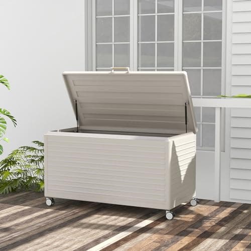 134 Gallon Large Outdoor Deck Box with Wheels, Storage Box with Lid for Patio Furniture, Garden Tools, Outdoor Cushion, Latte