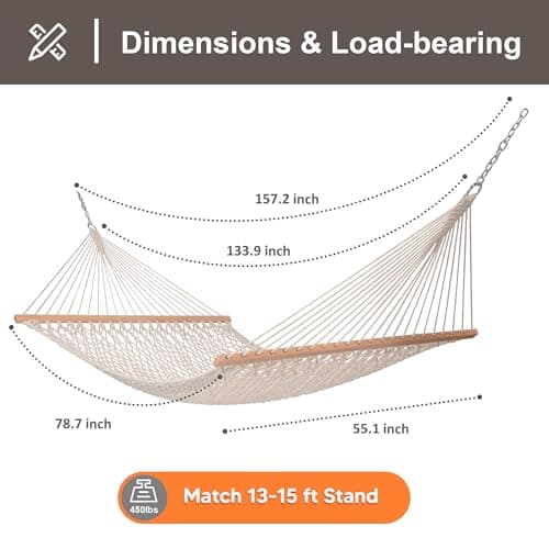 SUNCREAT Hammocks Traditional Rope Double Hammock with Hardwood Spreader Bar and Carrying Bag, 450 lbs Capacity, Natural