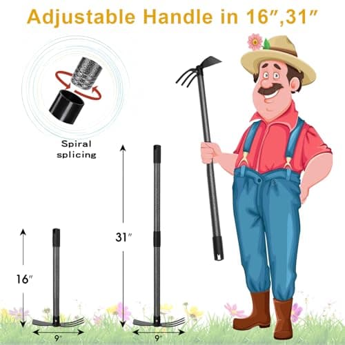 Garden Hoe and Cultivator, Heavy Duty Hand Hoe with Tiller with 31” Long Handle, Cultivator Hoe Garden Tools Durable Cultivator Hoes Rake Fork for Gardening Weeding Planting Loosening Soil
