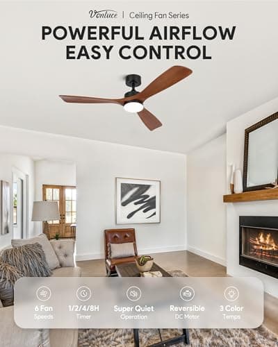 VONLUCE Ceiling Fans with Lights, 52 Inch Ceiling Fan and Remote, 6 Speed Reversible Noiseless DC Motor, 3CCT, Wood Ceiling Fan for Outdoor Indoor Farmhouse Patios, Walnut
