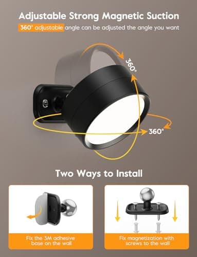 Brightown LED Magnetic Wall Sconce Lights, 2 Pack USB Rechargeable Wall Mounted Lights with Remote, 3 Lighting Colors and Dimmable, 360° Rotation Cordless Wall Mount Lamp for Bedroom, Black