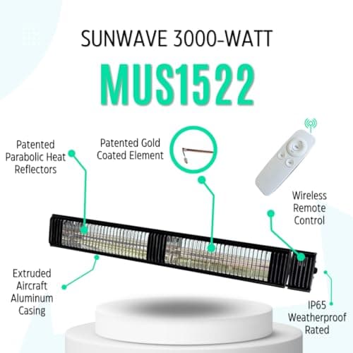 Commercial SunWave 3000 Watt Infrared Patio Heater Tungsten Ultra Quartz Low Glare with Remote control and 3 power levels, 11,028 BTU Max output By Muskoka Lifestyle Products USA Black