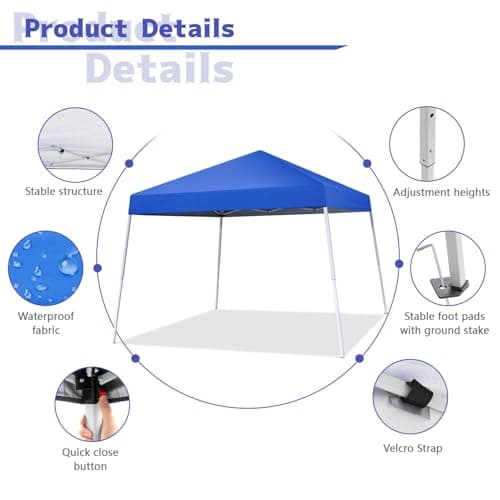 Canopy Tent, 10X10 FT Pop Up Canopy Outdoor Instant Tent Slant Legs with Carrying Bag, Portable Gazebo Shelter for Patio Deck Garden and Beach - 8X8 FT Canopy Cover (Blue)
