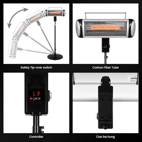 Electric Heater, Patio Heater Stand for Outdoors with 3 Heat Settings and Floor-Standing Design